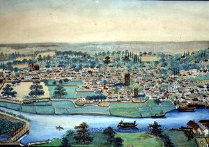 Widok miasta i rzeki, ok.1830 (akwarela na papierze) autorstwa English School