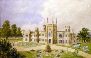 Widok wiejskiej rezydencji w stylu gotyckim z reprezentacyjnym ogrodem, ok. 1840 r. (akwarela na papierze) autorstwa English School