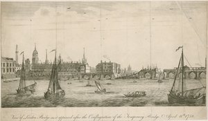 Widok starego London Bridge, jaki wyglądał po pożarze w 1758 r. autorstwa English School