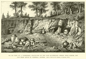 Widok prehistorycznego cmentarza z późnego czwartorzędu, niedaleko Klenika, niedaleko Littai w Krainie, Austria autorstwa English School