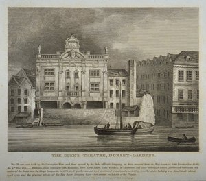 Widok Dukes Theatre, Dorset Gardens, od strony Tamizy, 1814 autorstwa English School