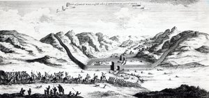 Widok Wielkiego Muru od strony, gdzie ambasador wjechał do Chin, z „Zbioru podróży i podróży” Johna Harrisa, 1748 autorstwa English School