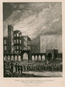 Widok Izby Lordów i Gmin, zniszczonych przez pożar 16 października 1834 r. autorstwa English School