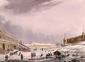 Ledo kalvų vaizdas per karnavalą Maskvoje, 8 plokštė iš „Istorinis Maskvos eskizas“, pub. Rudolph Ackermann (1764-1834) 1813 (akvatinta)polis autorstwa English School