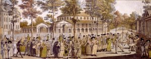 Widok na bal jubileuszowy, ogrody Ranelagh, z okazji urodzin księcia Walii, Jerzego, 24 maja 1759 r. (rycina ręcznie kolorowana) autorstwa English School