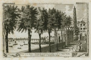 Widok na Schody w York Buildings, Londyn z wodociągami i odległą perspektywę Westminster Bridge autorstwa English School