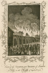 Widok na prowizoryczny most londyński płonący w nocy 11 kwietnia 1758 r. autorstwa English School