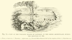 Widok na wulkaniczną wyspę Santorin na archipelagu greckim podczas erupcji w 1866 roku autorstwa English School