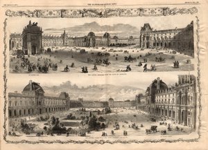 Widoki na Cour Carree du Louvre w Paryżu. Grawer w „Ilustrowanych wiadomościach londyńskich” z 15 sierpnia 1857 r. autorstwa English School