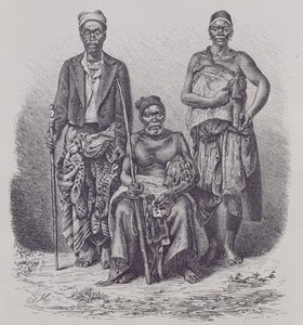 Wódz wsi Wybrzeża Loango, z żoną i dygnitarzem, wygrawerowany na podstawie fotografii dr Falkensteina, z „Historii ludzkości”, tom 1, autorstwa prof. Friedricha Ratzela, 1896 autorstwa English School