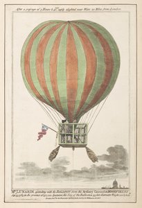 Vincent Lunardi w powietrzu po wynurzeniu z Moorfields, wrzesień 1784 (kolorowy grawerunek) autorstwa English School
