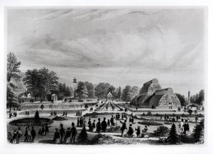 Odwiedzający oglądający palmiarnię w pałacu Kew, ok. 1860 r. autorstwa English School