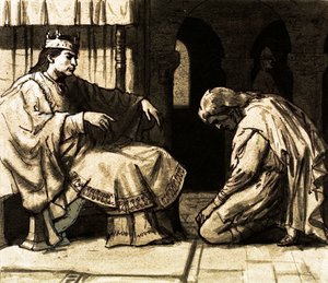 Waltheof udał się do Normandii, aby poprosić króla Williama o ułaskawienie (gwasz na papierze) autorstwa English School