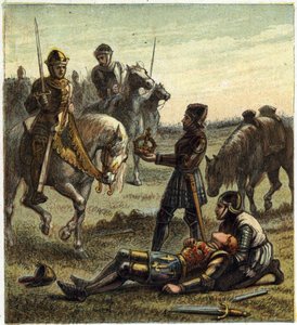 Wojna Dwóch Róż: śmierć króla Ryszarda III (1452-1485) podczas bitwy pod Bosworth Field, która między 22.08.1485 Ryszardem III a Henrykiem, księciem Richmond. Ten ostatni otrzymał koronę króla dechu i stał się Henrykiem VII znanym jako Henryk Tudor autorstwa English School