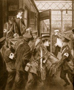 Ranni wojenni przybywający na pętlę londyńskiego pociągu, 1914-19 autorstwa English School