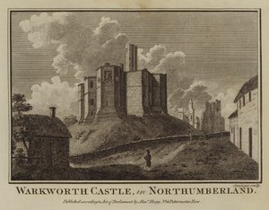 Zamek Warkworth w Northumberland (grafika) autorstwa English School