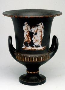 Wedgwood wazon przedstawiający młodą dziewczynę i czarną ceramiczną satyrę namalowaną „”z enkaustykiem””. Anglia, ok. 1775 - 1790. Odznaki BN w Paryżu. autorstwa English School