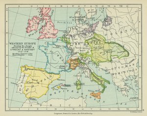 Europa Zachodnia pokazująca zmiany wprowadzone traktatami z Utrechtu i Rastadt (kolorowa litografia) autorstwa English School
