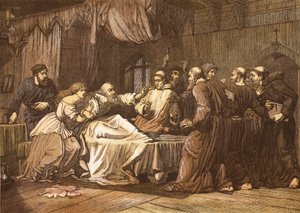 Wicliffe na łożu śmierci zaatakowany przez Braci, wygrawerowany przez T. Bolton autorstwa English School