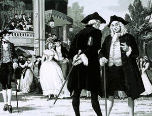 William Hogarth przechadza się po ogrodach Vauxhall (gwasz na papierze) autorstwa English School