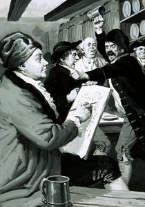 Pierwszy satyryczny rysunek Williama Hogartha został zainspirowany bójką w tawernie (gwasz na papierze) autorstwa English School
