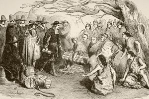 William Penn zawiera traktat z Indianami Delaware lub Lenape w 1682 r. (litho) autorstwa English School