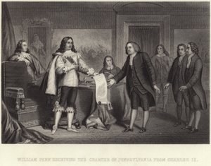 William Penn otrzymuje Kartę Pensylwanii od Karola II autorstwa English School