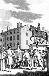 William Stroud, „Człowiek biczowany w ogon wozu za petit Larceny od Charing Cross do Horse Guards”, wygrawerowany dla Tyburn Chronicle autorstwa English School