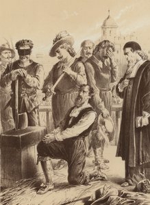 William Viscount Stafford, "Uklęknął przed blokiem" (litografia) autorstwa English School