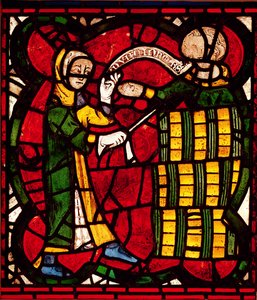 Okno przedstawiające sprzedawcę beczek, ok.1300 autorstwa English School