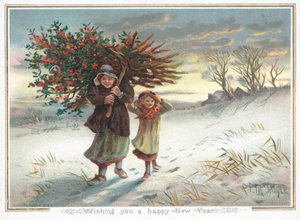 Kobieta niosąca Holly Bush na ramieniu, kartka noworoczna autorstwa English School