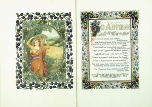 Kobieta z koszem żniwnym (verso) i iluminowanym rękopisem z wersetami z „Do jesieni” (recto) i ozdobnymi bordiurami autorstwa English School