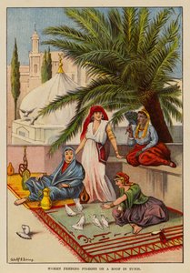 Kobiety karmiące gołębie na dachu w Tunisie (kolorowa litografia) autorstwa English School