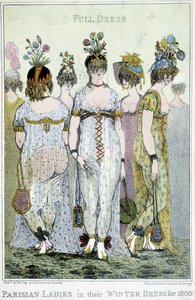 Cudownie: paryskie kobiety w zimowych sukienkach na 1800, angielski rysunek. autorstwa English School