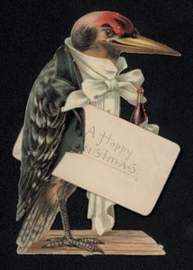Dzięcioł przebrany za kelnera lub kamerdynera, kartka z życzeniami bożonarodzeniowymi (chromolitho) autorstwa English School
