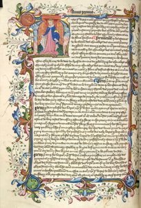 Yates Thompson 48, f.172v Historyczny inicjał „N” (ostre) Henryka V i pełna foliowana obwódka na początku jego Statutu z „Nova Stauta” (welin) autorstwa English School