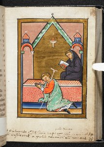 Yates Thompson Ms 26, f.79 r Kaleka modląca się przy grobie św. Cuthberta, ilustracja z „Bede, proza życia Cuthberta” (wellum) autorstwa English School