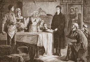 Młody Kalwin wyjaśnia Biblię rodzinie w Bourges, ilustracja z Historii protestantyzmu Jamesa Aitkena Wylie (1808-1890), wyd. 1878 autorstwa English School