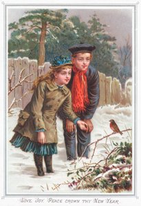 Młoda para patrząca na Robin, kartka noworoczna autorstwa English School