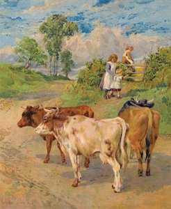 Małe dzieci i bydło (kolorowa litografia) autorstwa English School