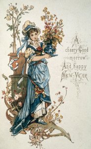 Młoda dziewczyna ubrana na niebiesko życzy Wesołych Świąt i Nowego Roku, ok.1900 autorstwa English School