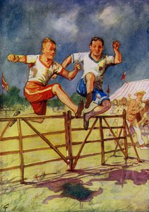 Młodzi mężczyźni rywalizujący w biegu z przeszkodami (kolor lito) autorstwa English School