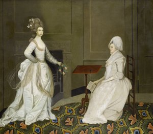 We wnętrzu dwie panie, jedna czytająca, druga trzymająca girlandę kwiatów autorstwa English School, 18th Century