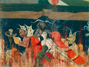 Demony i potępieni w piekle, fragment z Koronacji Ołtarza Dziewicy autorstwa Enguerrand Quarton