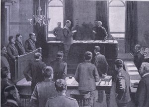 Proces o zdradę stanu w Bloemfontein, z książki After Pretoria: The Guerilla War wydanej przez Harmsworth Bros Limited, 1901 autorstwa Enoch Ward