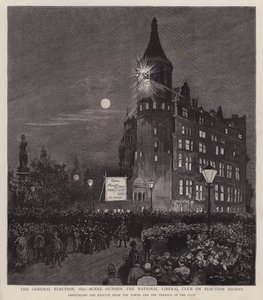 Ogłoszenie wyników wyborów powszechnych 1892 z Klubu Liberałów, Westminster, Londyn (lito) autorstwa Enoch Ward