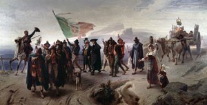 Risorgimento: „” Przyłączenie regionu Abruzzo do zjednoczonych Włoch w 1861”” (Przyłączenie regionu Abruzzo do zjednoczonych Włoch w 1861) Obraz Enrico Gamba (1831-1883) Dim 104x207 cm Genes, Galleria d