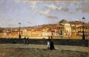 Nabrzeże wzdłuż rzeki Po i kościół Grande Madre di Dio, Turyn, 1882 r. autorstwa Enrico Reycend