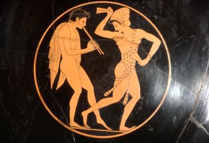 Kubek do picia, Kylix tańczącej dziewczyny z młodzieżą grającą na flecie, strych, c510 pne autorstwa Epikektos