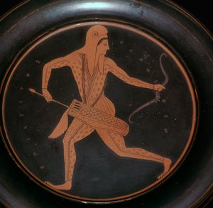 Tabliczka na poddaszu z wizerunkiem łucznika w stroju scytyjskim, V wiek p.n.e. autorstwa Epiktetos